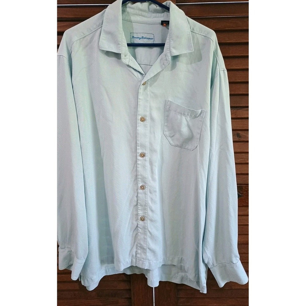 Tommy Bahama Mens Shirt L Silk Cotton Blend Herringbone Light Blue Long Sleeve
